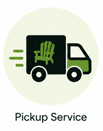 Icon of a delivery truck with a green Adirondack chair on the side, indicating a pickup service.