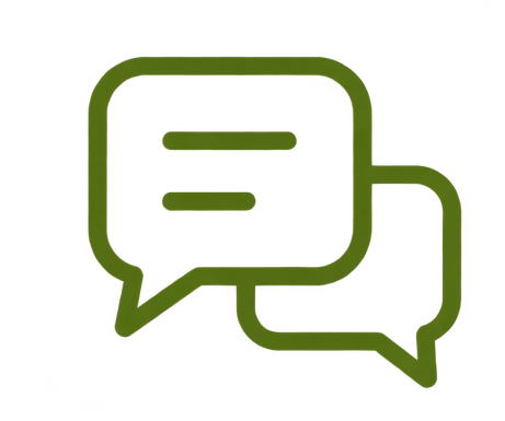 Green outline of two overlapping chat bubbles.