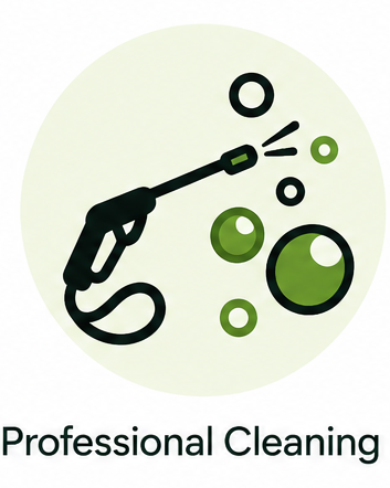 Illustration of cleaning tools and bubbles with the text "Professional Cleaning" underneath, symbolizing cleaning services.