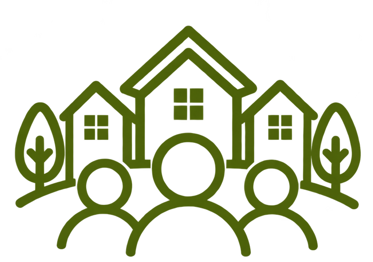 Line drawing of three houses surrounded by trees, with three abstract human figures in the foreground.