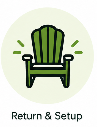 Illustration of a green armchair with the text 'Return & Setup' below it.