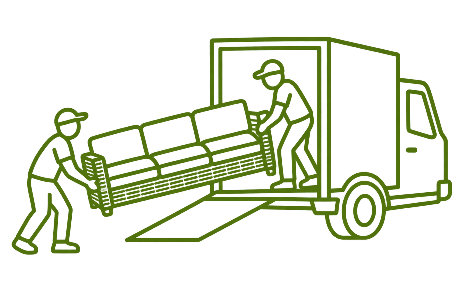 Illustration of two workers loading a sofa into a moving truck. One person is outside holding the sofa, the other is inside the truck.
