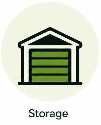 Icon of a storage unit with a garage door and a gabled roof, labeled 'Storage'.