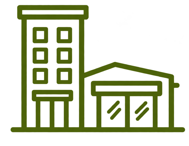 Outline drawing of a multi-story building with a smaller attached structure, both with windows and doors, drawn in a simple, minimal style.