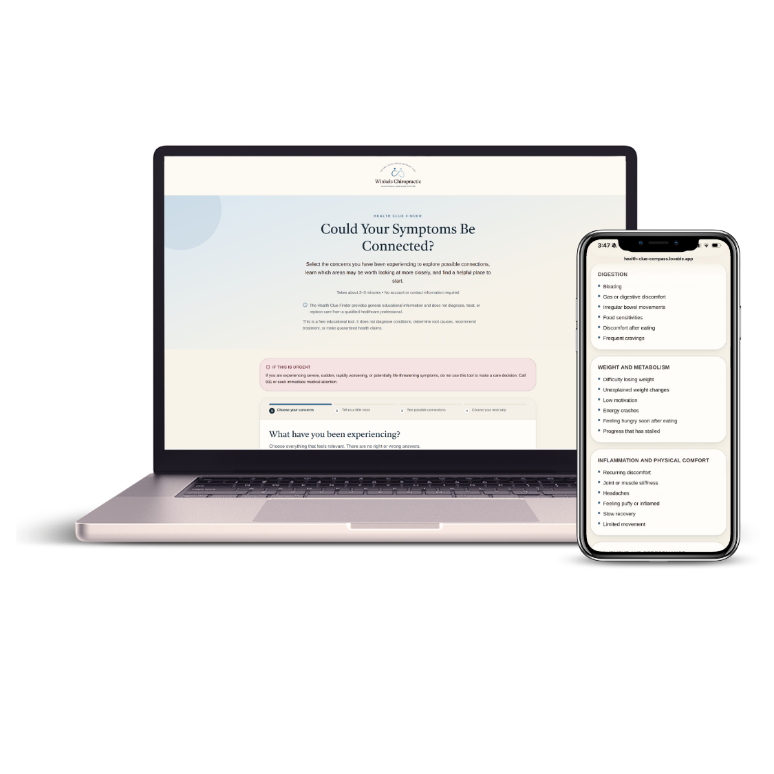 Open laptop and smartphone displaying health symptom checker websites for symptom tracking and health concerns.