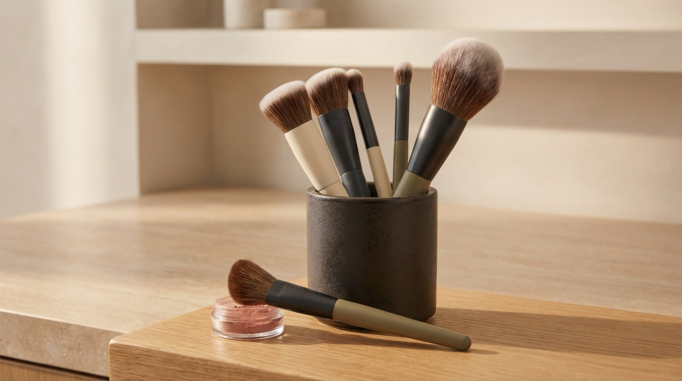 A collection of makeup brushes in a black container, with one brush resting on a small open container of pink makeup on a wooden surface.