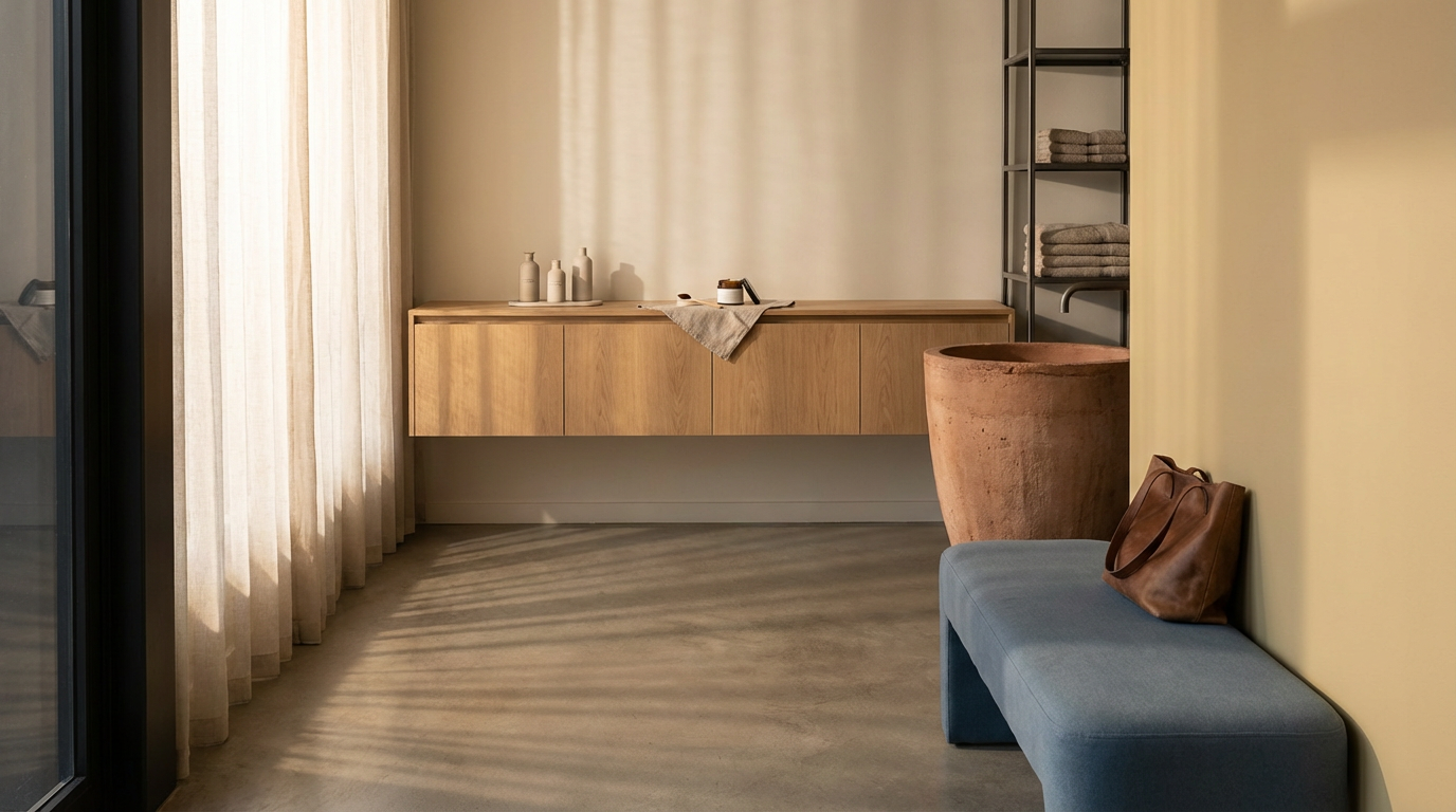 A minimalist room with a wooden sideboard, a large clay pot, a blue bench with a brown bag, and a metal shelf with folded towels.