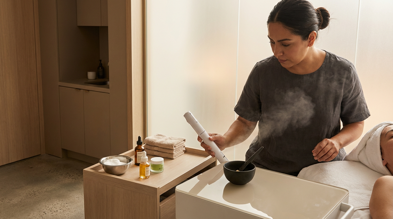 A woman using an essential oil diffuser in a spa or wellness setting, with a patient wrapped in a towel nearby.