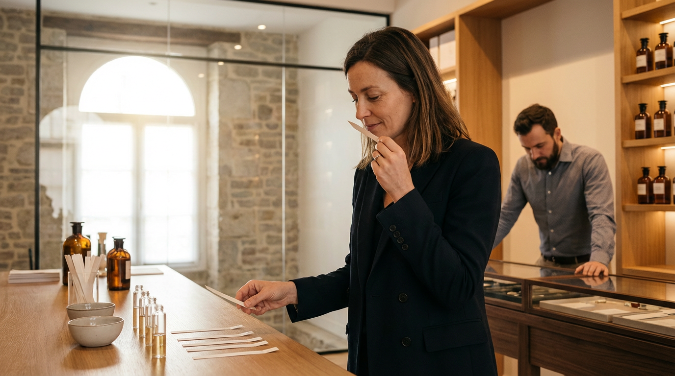Two people at a tasting event, one woman and one man, examining small samples on a wooden table with vials and bowls, in a room with stone walls and large arched window.