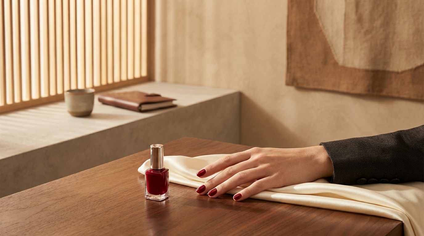 Hand with dark red painted nails resting on a silk fabric next to a bottle of red nail polish on a wooden table.