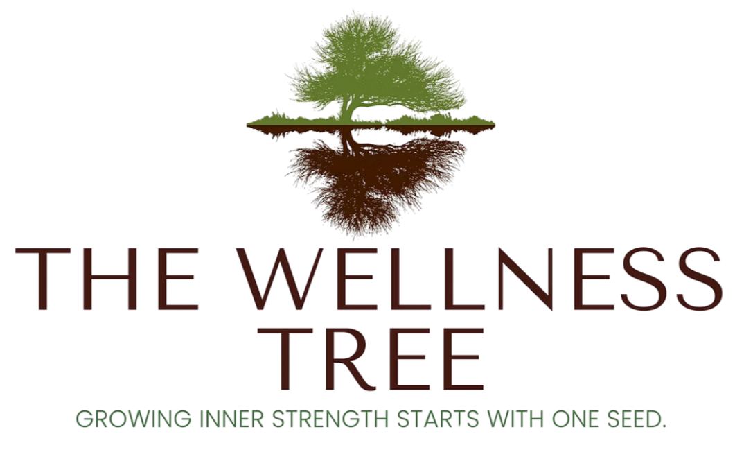Logo with a tree and its reflection, with text 'The Wellness Tree' and slogan 'Growing Inner Strength Starts With One Seed.'