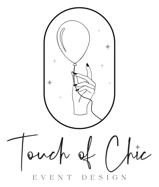 Minimalist line drawing of a hand with painted nails holding a balloon, surrounded by small stars, with the text "Touch of Chic Event Design" below.