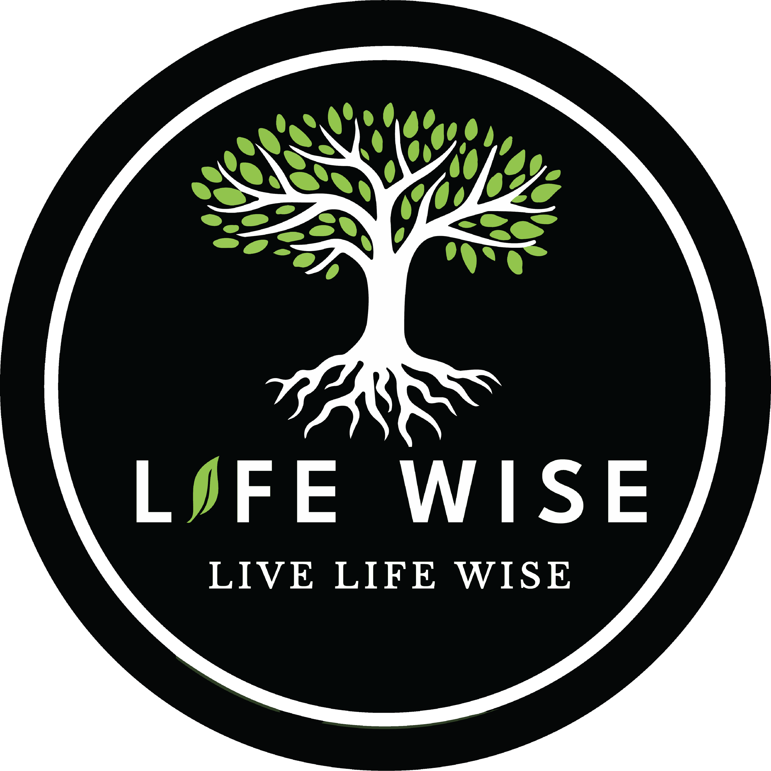 A circular logo with a black background features a white tree with green leaves. The text below the tree reads 'LIFE WISE' and 'LIVE LIFE WISE.'