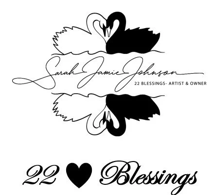 Sanborn Fall Festival Vendor Logo Design featuring two swans forming a heart shape with their necks, with the text 'Sarah Jamie Johnson, 22 Blessings - Artist & Owner', and the phrase '22 Blessings' with a heart symbol below.