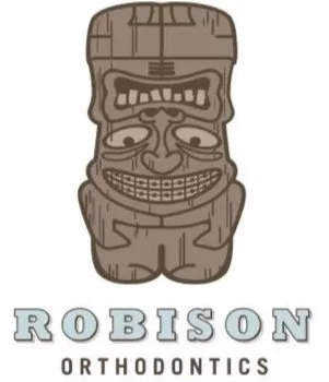 Cartoon Tiki figure with the word "ROBISON" and "ORTHODONTICS" beneath it.