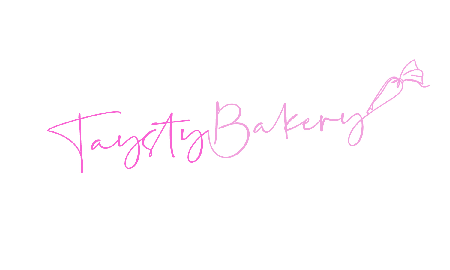 Pink handwritten logo reading "TaystyBakery" with a small cupcake illustration at the end.