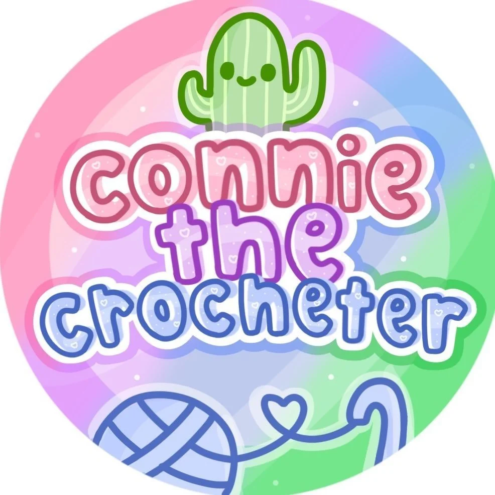 Sanborn Fall Festival Vendor Logo Colorful logo with a smiling cactus on top, the text 'Conie the Crocketer' in playful, colorful letters, and a ball of yarn at the bottom, all in bright pastel colors.