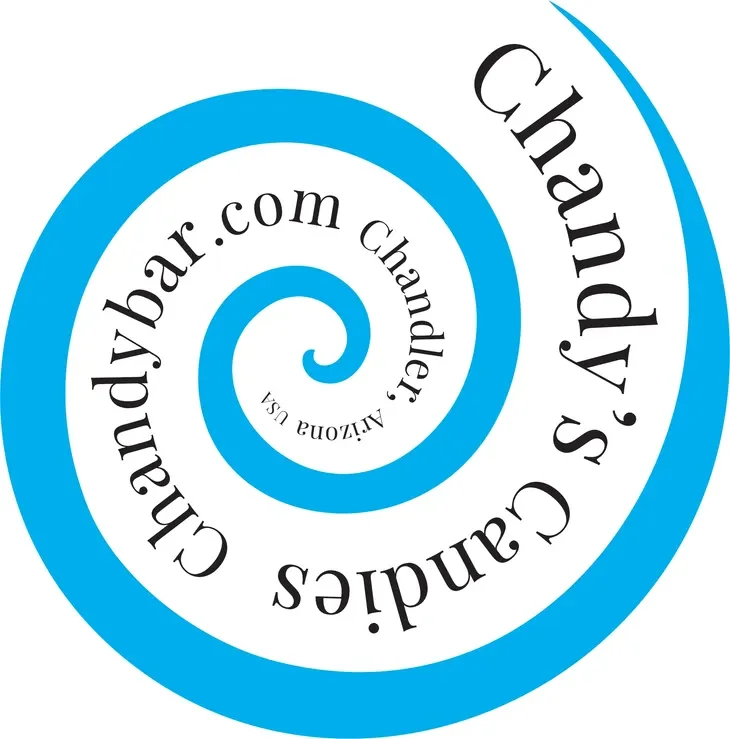Blue spiral logo with black text that reads 'Chandy's Candies' and 'chandybar.com' in a circular pattern.