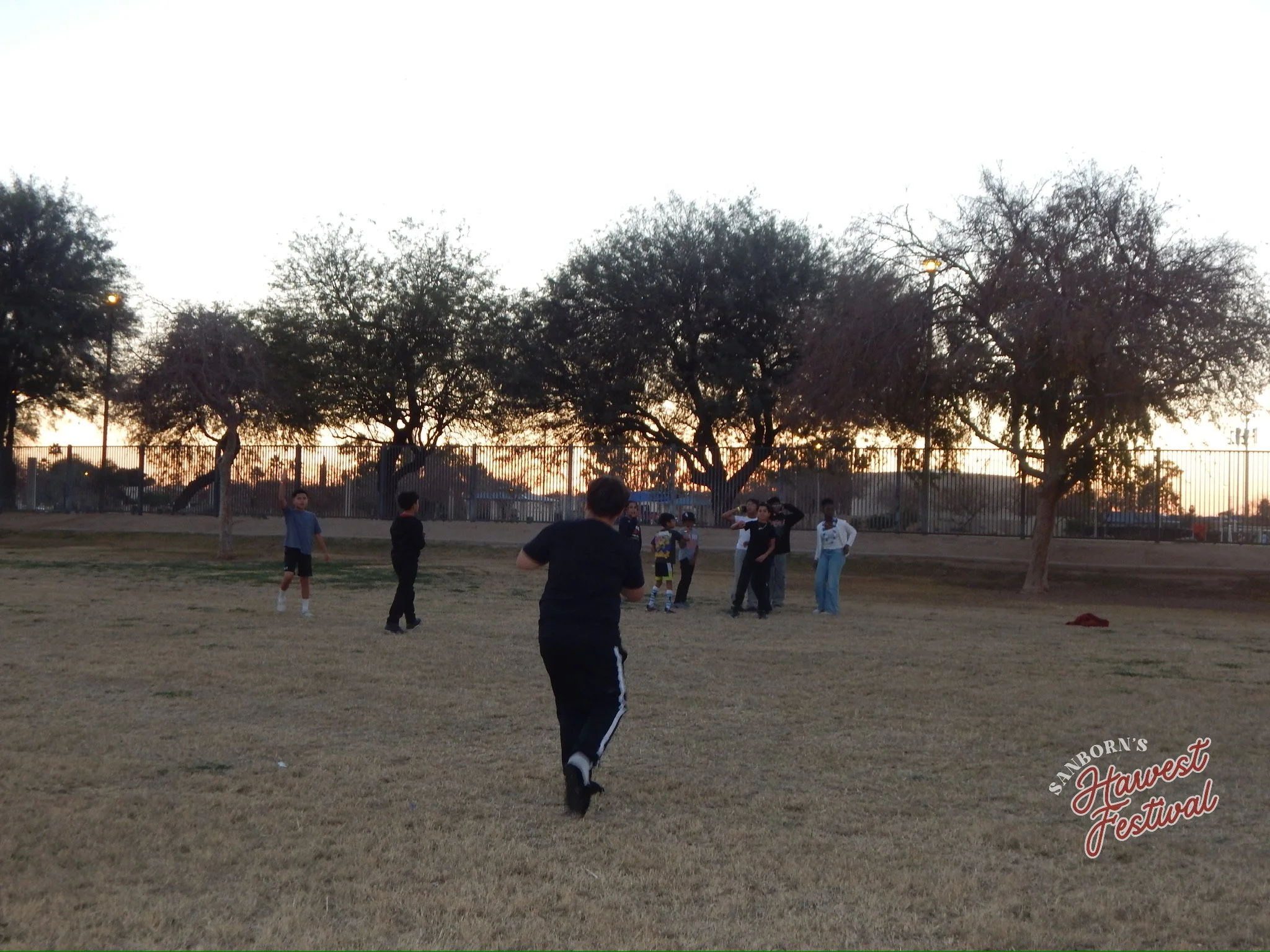 Children playing soccer in an open park with trees and a fence at sunset.