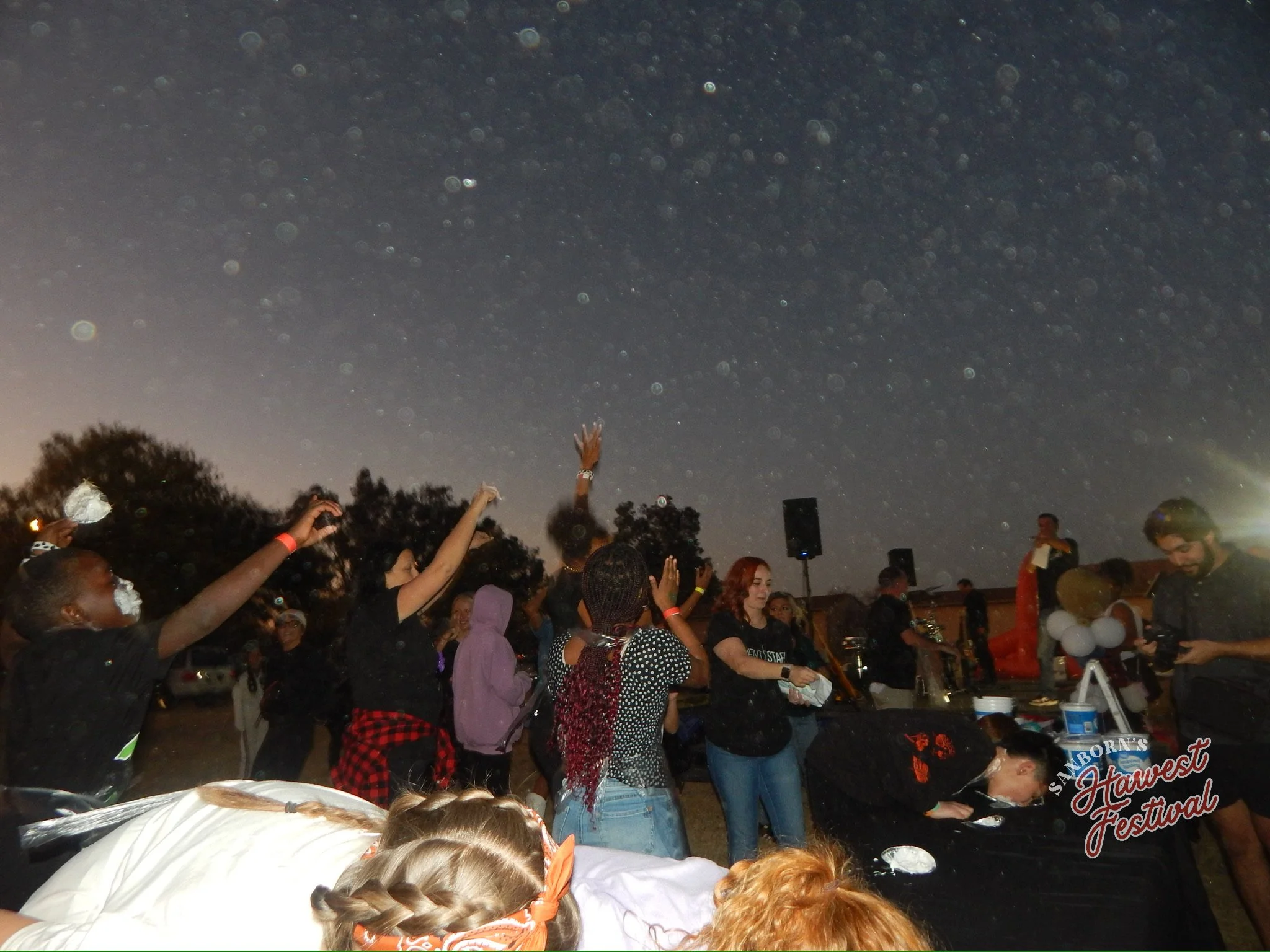 Gathering of people outdoors at night celebrating a festival, with some raising hands and festive decorations, under a starry sky.