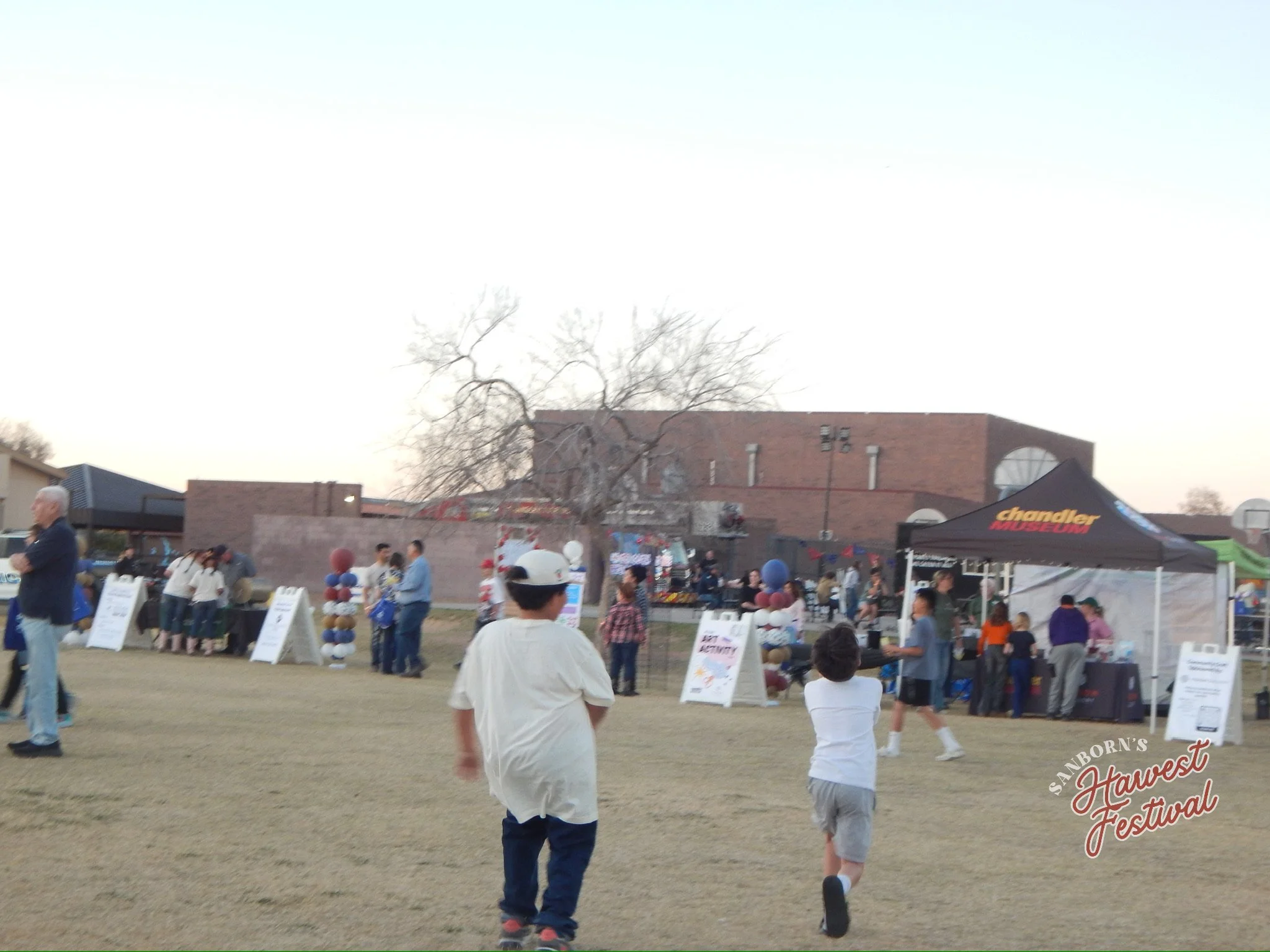 Children and adults at an outdoor festival with tents and signs. People walk on grass with a brick building and leafless trees in the background.