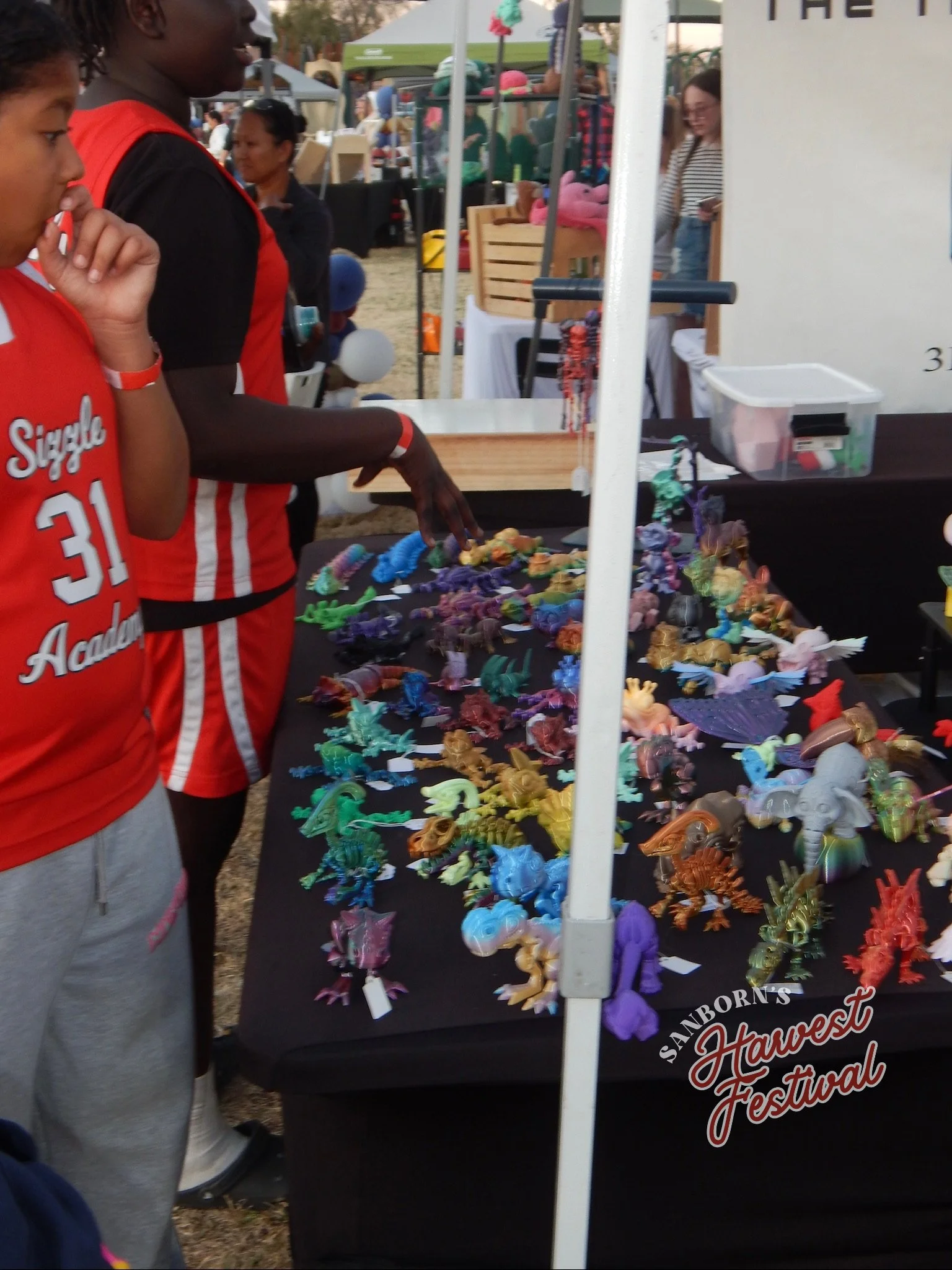 People looking at a display of colorful plastic toys at a festival booth with a sign that says 'Sanborn's Harvest Festival'.