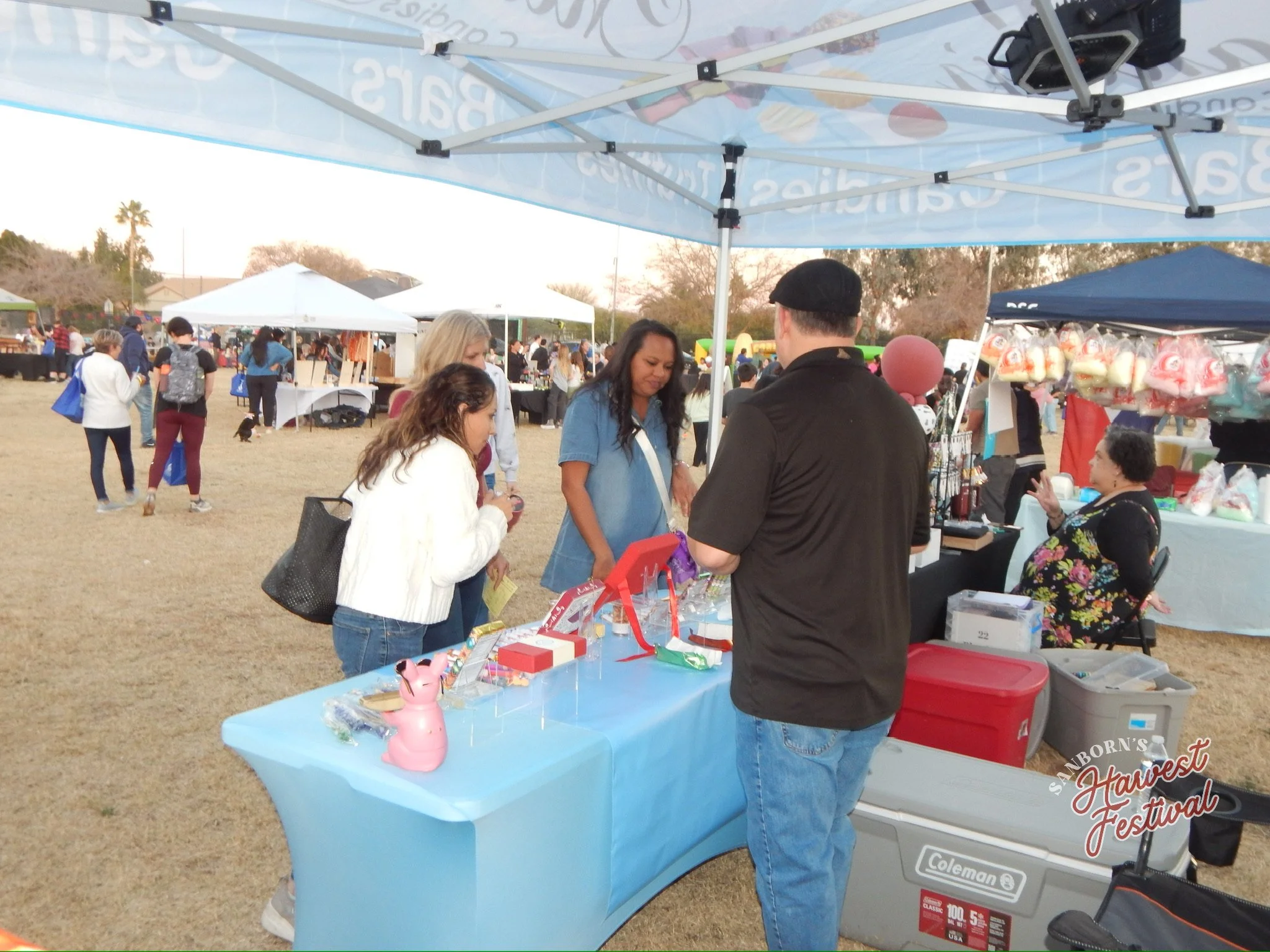 People shopping at a vendor booth at an outdoor festival, with tents and other shoppers in the background. The booth has various small items on display, possibly toys or decorations.