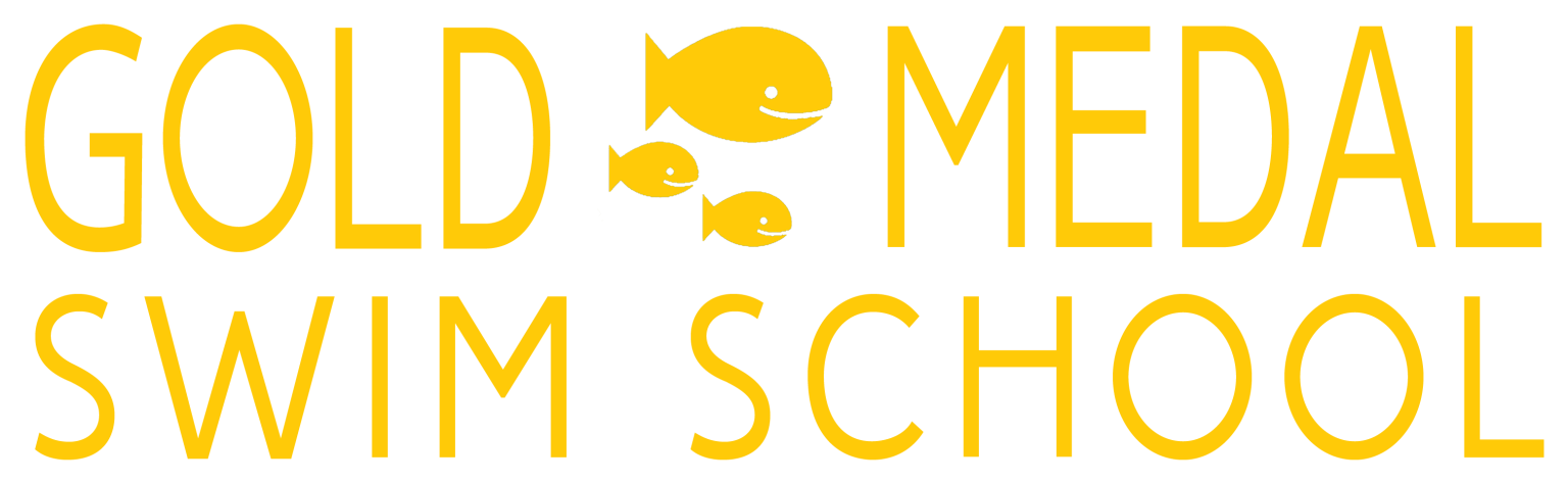 Family event Chandler, Logo for Gold Medal Swim School featuring the words 'GOLD MEDAL SWIM SCHOOL' in yellow text with three swimming fish illustrations above the words.