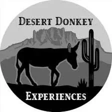 Family event Chandler,Logo with a donkey silhouette, cactus, and mountain background, labeled 'Desert Donkey Experiences'.