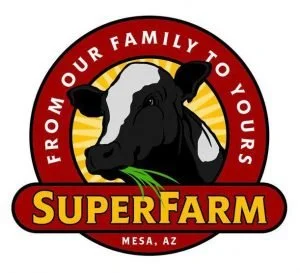 Logo of Super Farm in Mesa, AZ featuring a black and white cow's head with green grass in its mouth, red and yellow background, and red circular text that says 'From Our Family To Yours'.