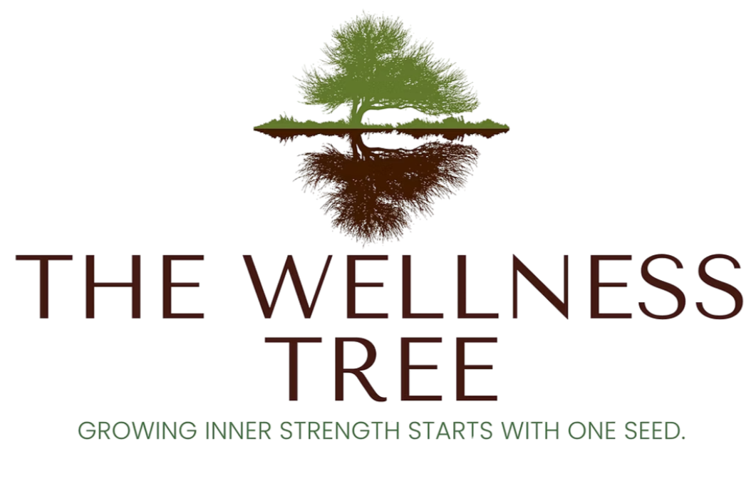 Sanborn Festival Title Sponsor Logo for The Wellness Tree featuring a tree with green leaves above ground and a brown root system below ground, with the tagline 'Growing inner strength starts with one seed'.