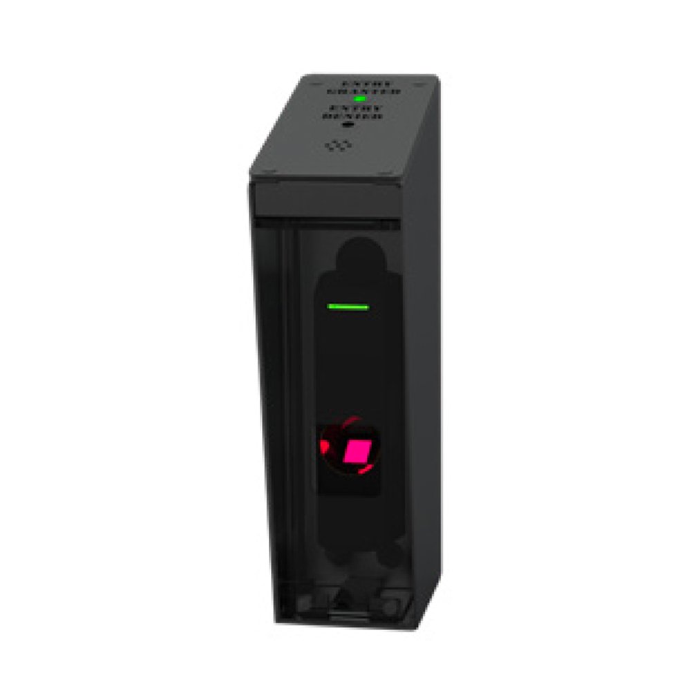 A black electronic device with a slot, a green light indicator, and a pink display or sensor area.
