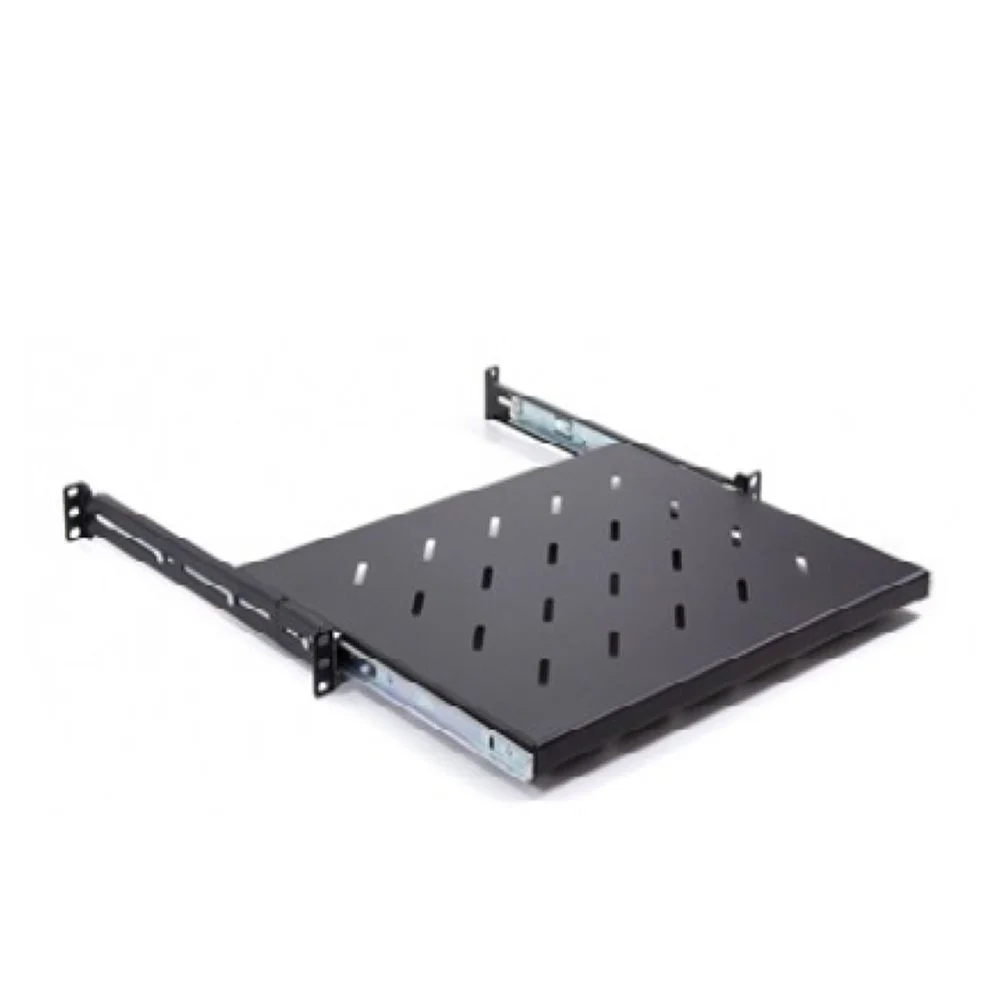 A black, metal slide-out shelf with ventilation holes, designed for installation in a drawer or rack, with mounting brackets on either side.