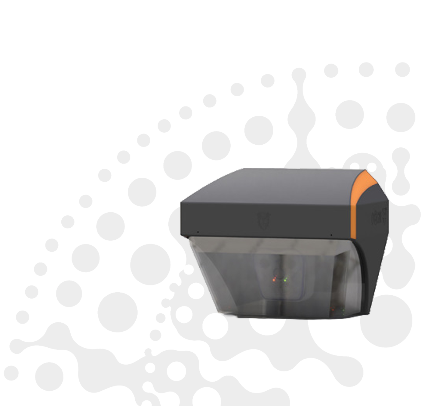 A robotic device with a large lens or scanner at the front, placed against a background of black ink splashes.
