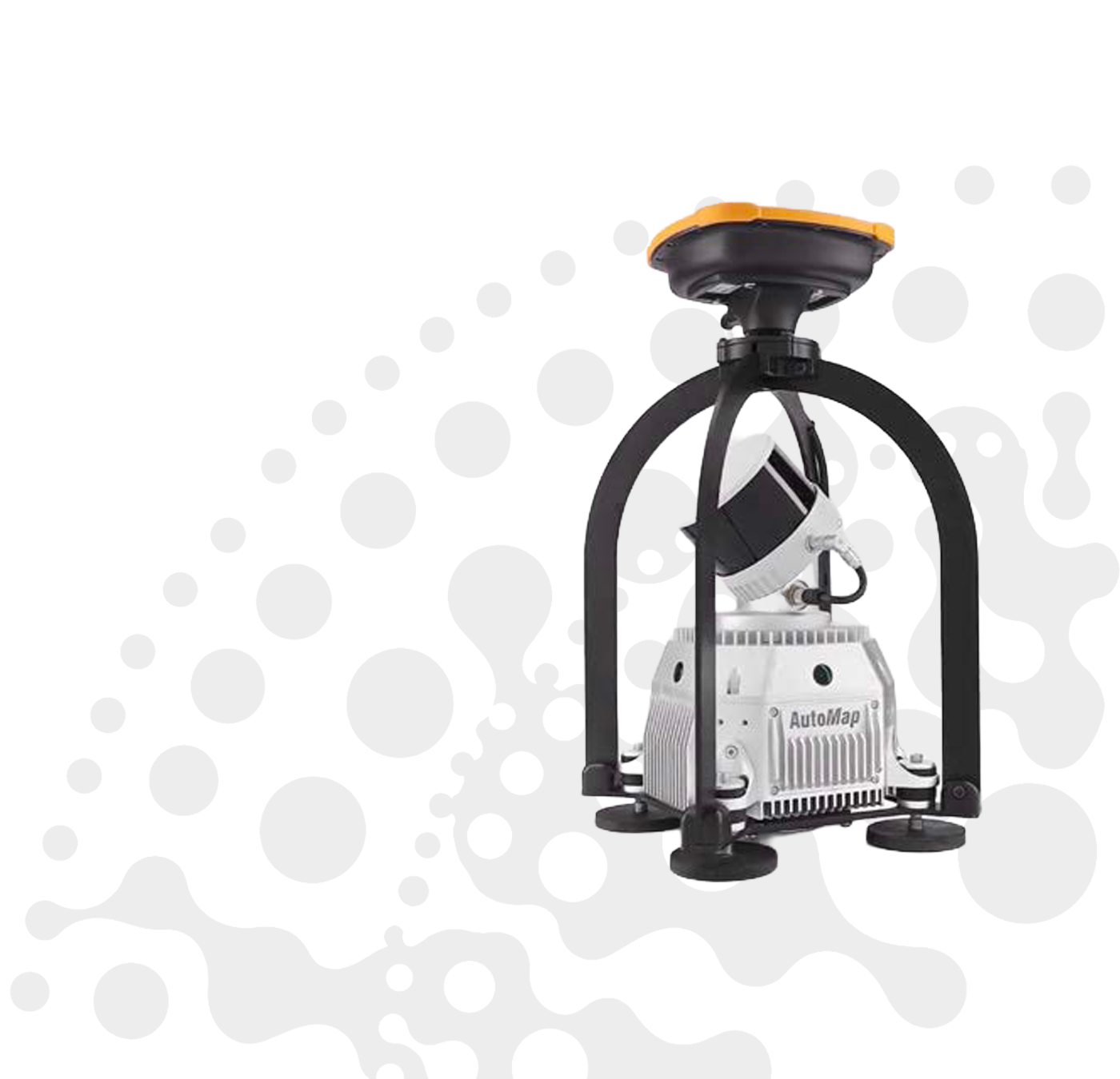 A close-up of a professional laser scanning device with a yellow top, mounted on a black frame, with a white core and cables, branded AutoMap, against a black background with abstract black bubbles.