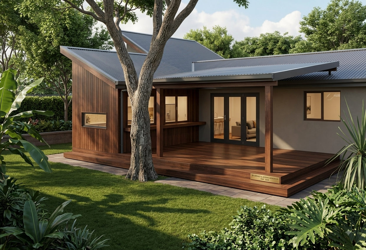 A modern house with a wooden deck, surrounded by lush greenery and trees, featuring glass sliding doors and windows.