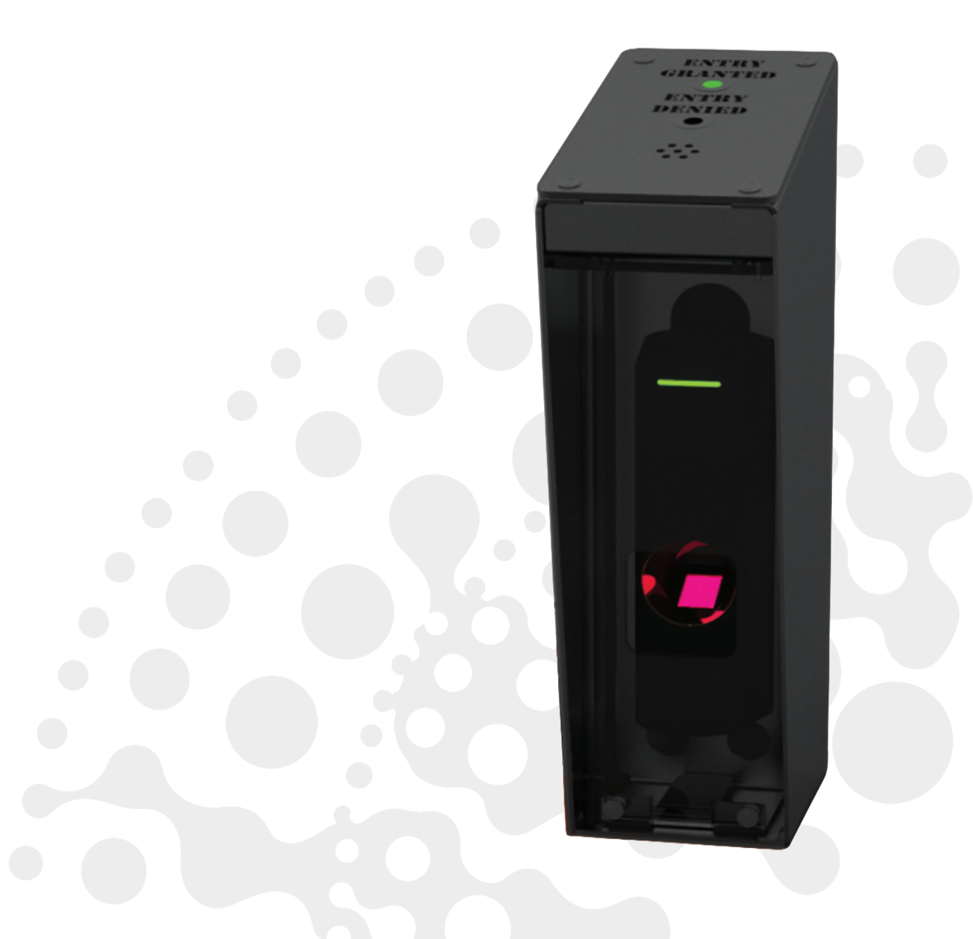 A black electronic device with indicators and a small display, with black ink splashes surrounding it.