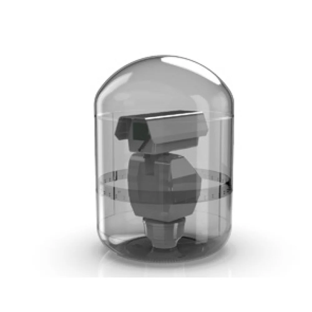 A small robot encased in a transparent, domed plastic container.