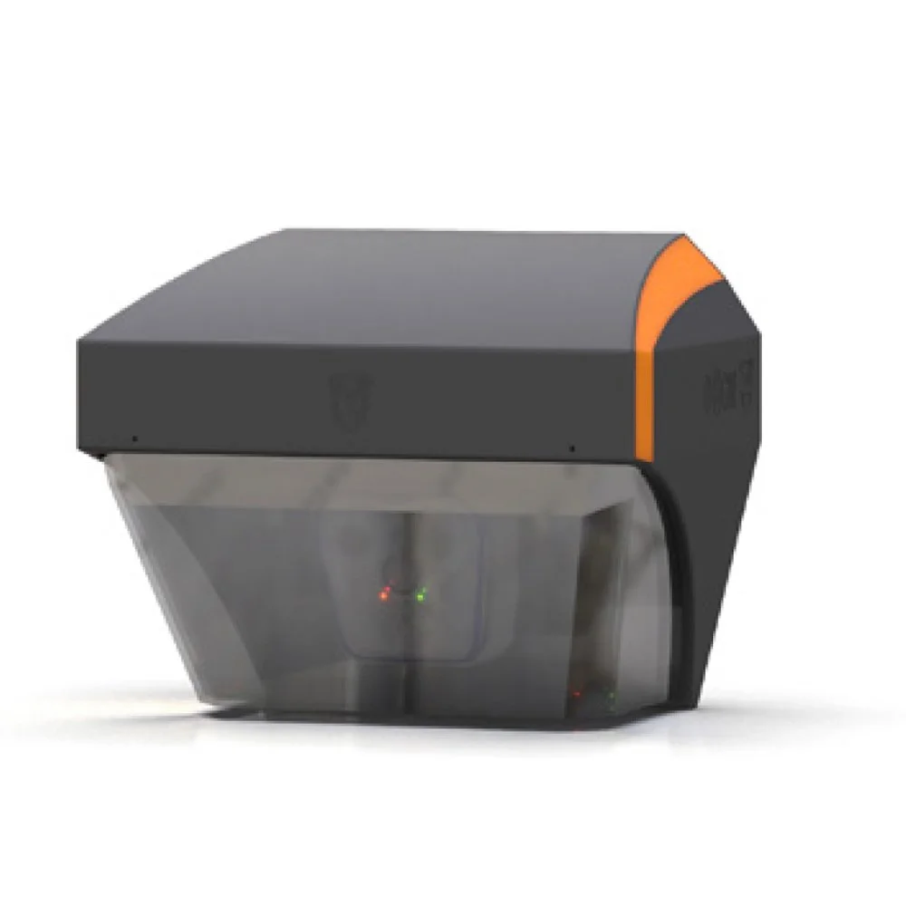A 3D printer with a black and gray casing and orange accents.