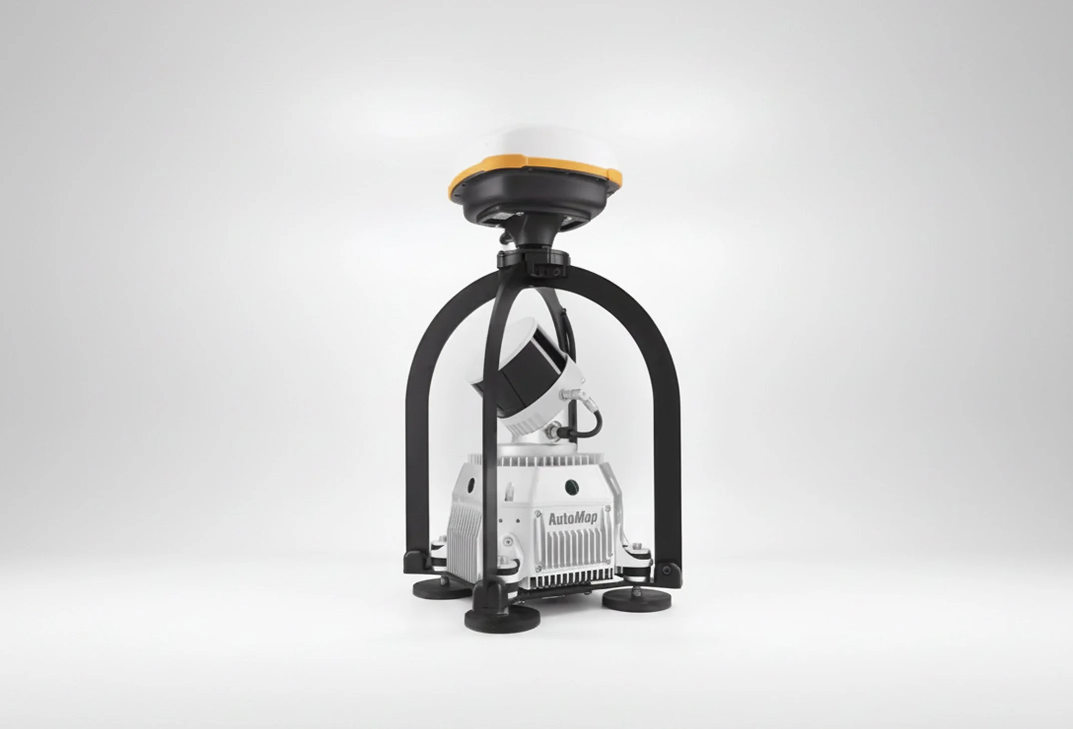 A modern 3D LIDAR sensor mounted on a black stand with four suction cups, against a plain white background.