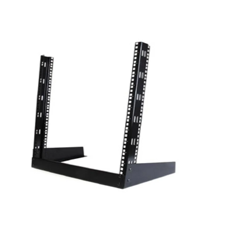A black, metal, adjustable vertical rack stand with multiple holes for mounting.