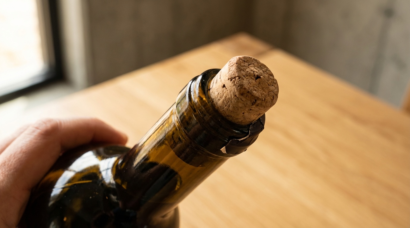 Close-up of a cork in the neck of a brown glass bottle, held in hand on a wooden surface.