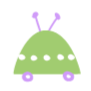 Green robot with purple spots and antennae from Little Auggie's robot march print.