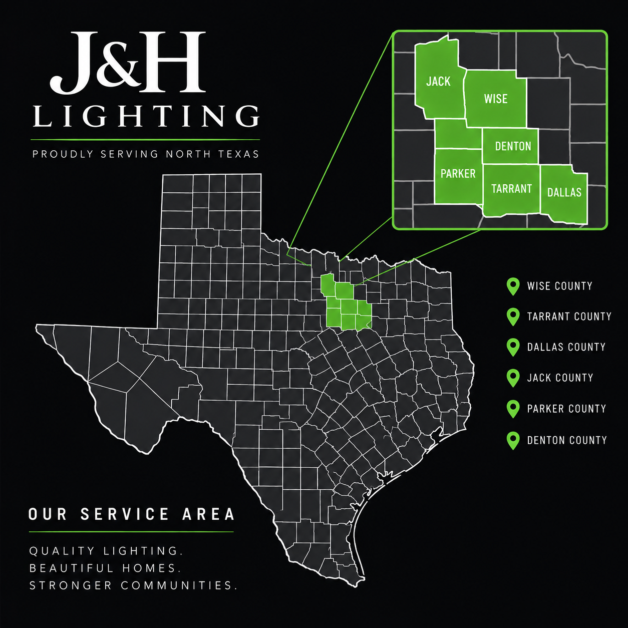 Map highlighting North Texas counties served by J&H Lighting, including Wise, Tarrant, Dallas, Jack, Parker, and Denton counties, with an inset zoomed-in view of these counties.