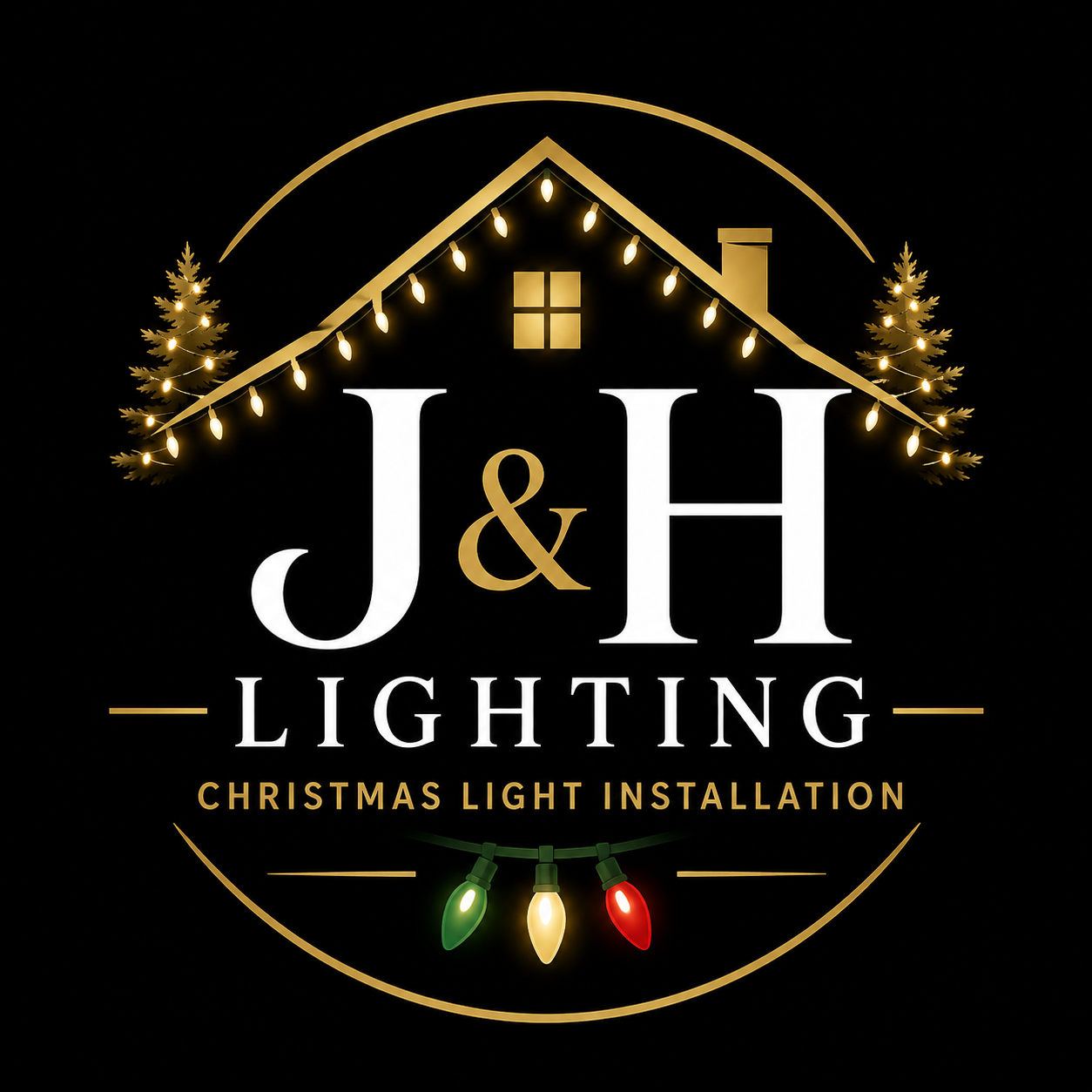 Black background with a festive logo for J & H Lighting, featuring a house with string lights, Christmas trees, and a string of colorful Christmas lights, advertising Christmas light installation services.