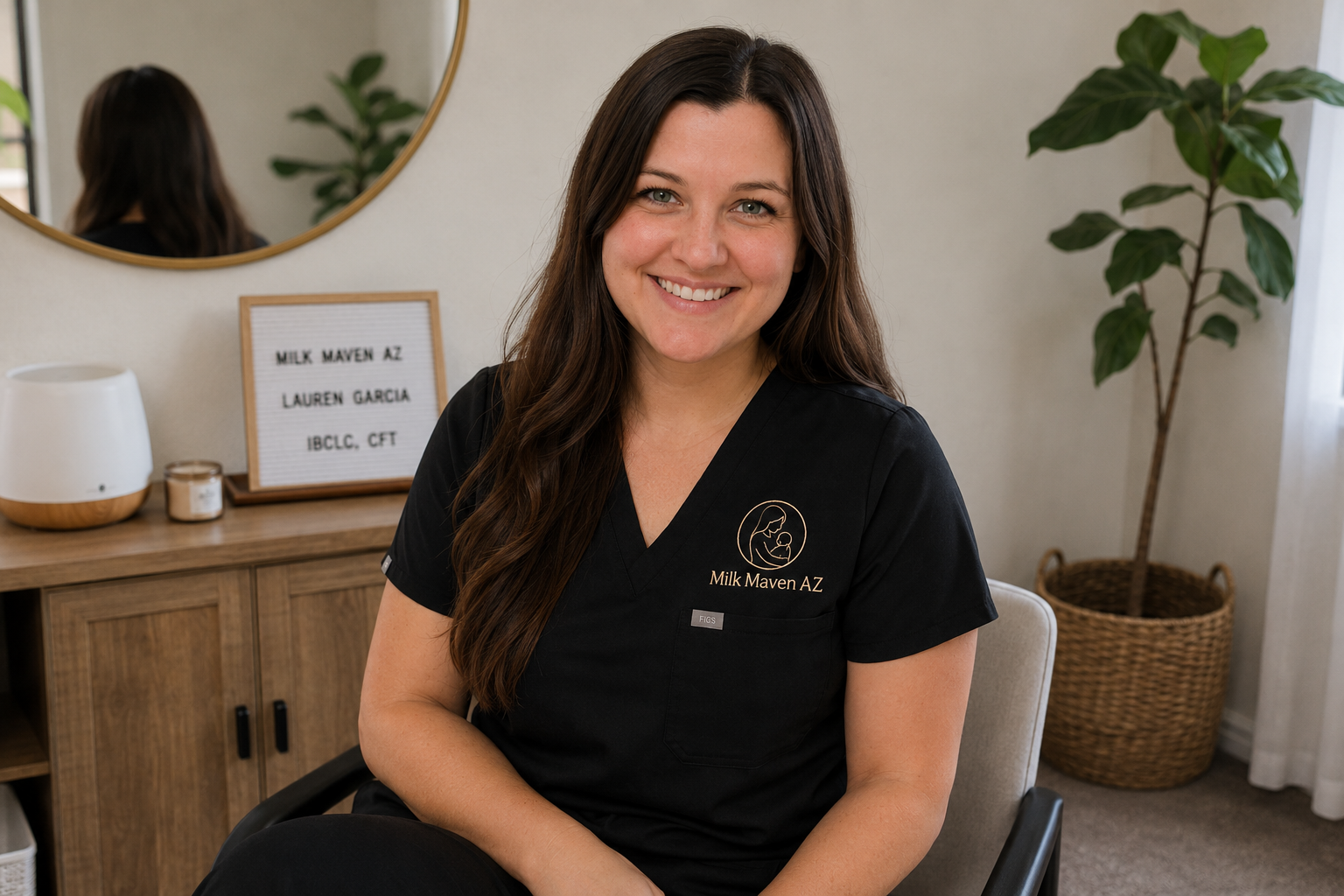 A smiling woman with long brown hair wearing a black medical uniform with "Milk Maven AZ" embroidered on it, sitting in a cozy room with a wooden sideboard, a mirror, and a tall plant in the background.