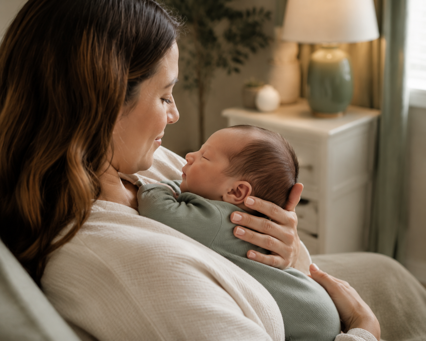 A woman holding and looking at a sleeping baby on her chest in a cozy, softly lit room.