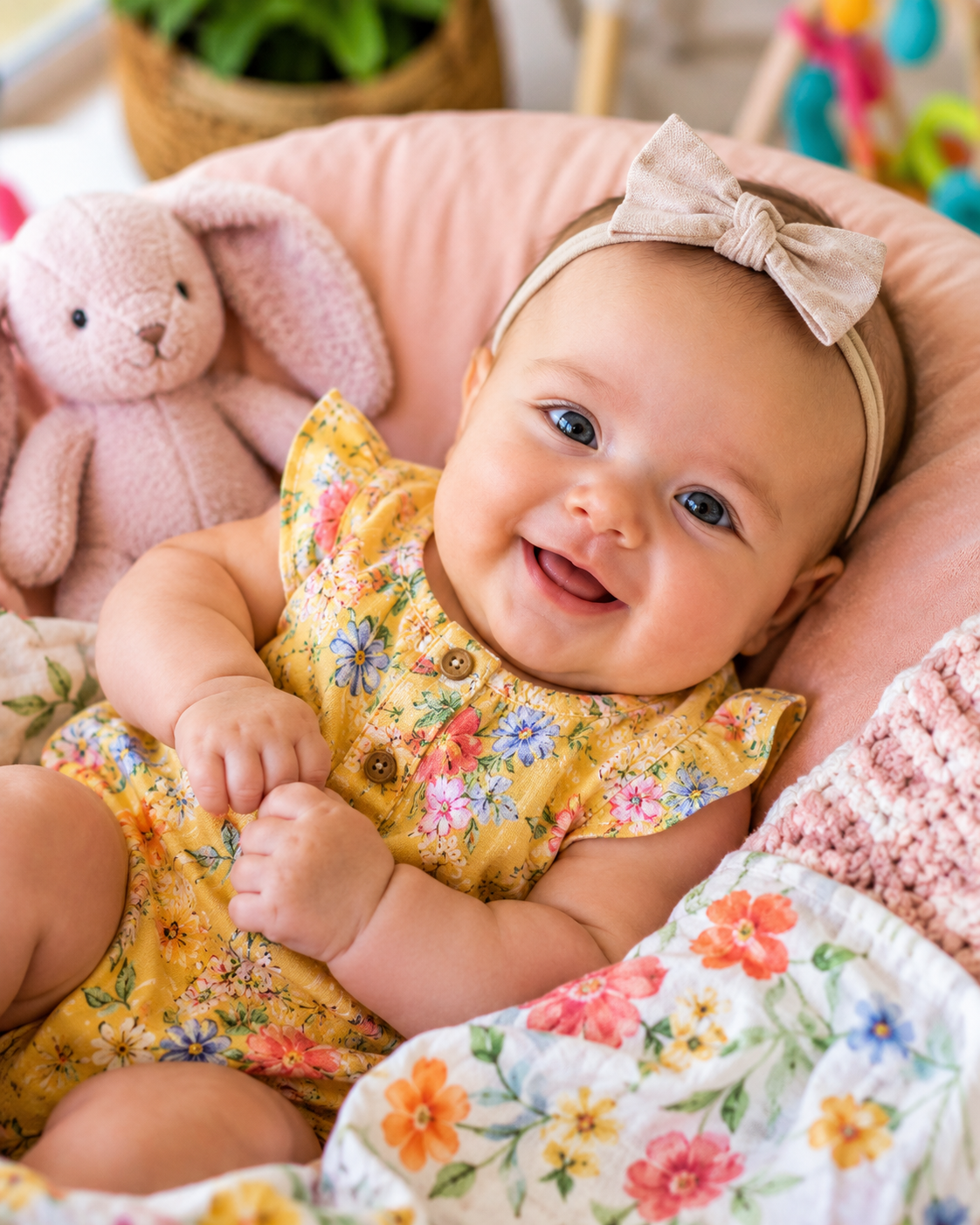 A smiling baby girl with blue eyes lying in a pink cushioned seat, wearing a yellow floral dress and a beige headband with a bow, surrounded by a pink plush bunny and colorful blankets.