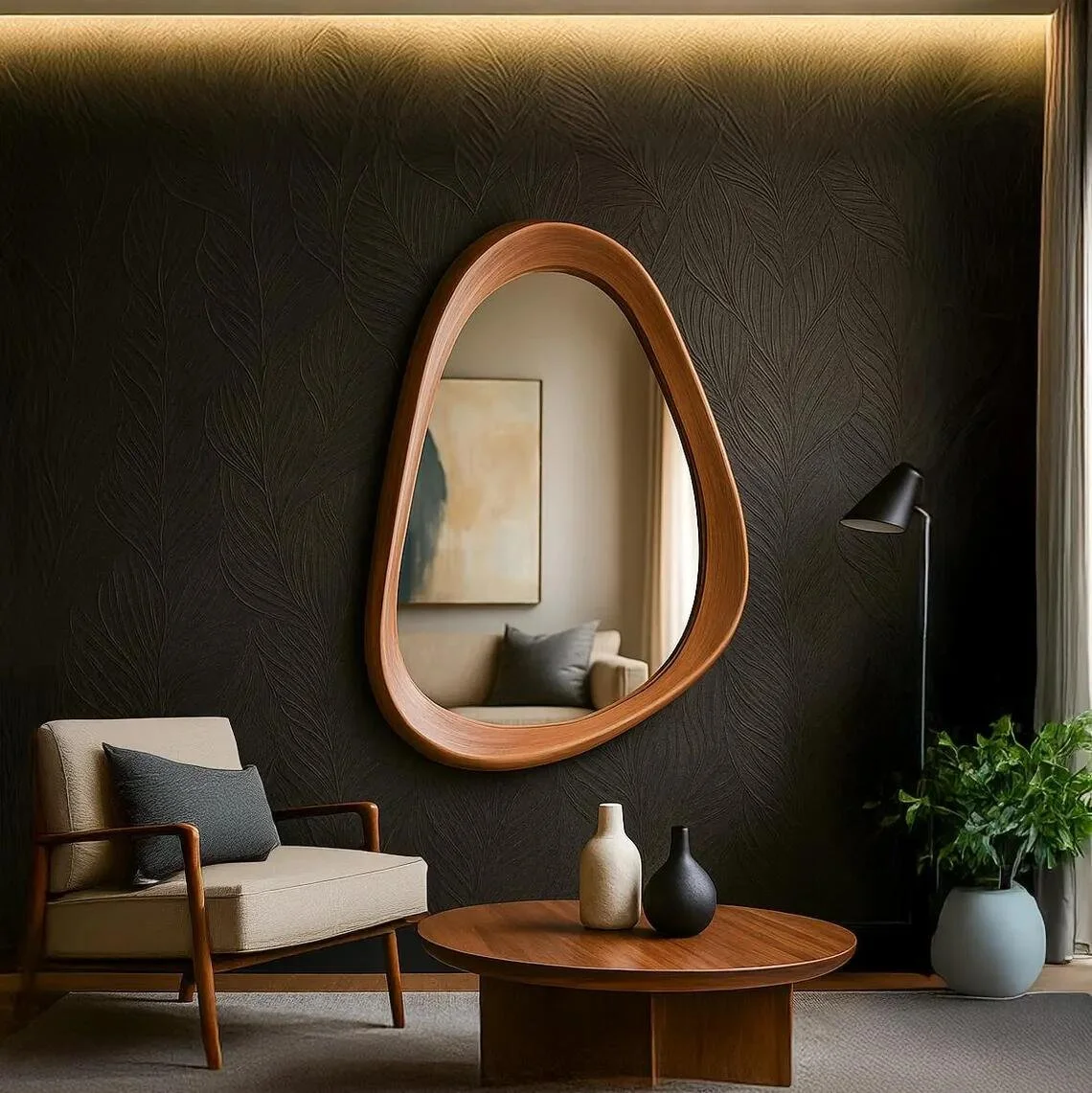 Walnut Asymmetrical Mirror: Where Organic Form Meets Modern Interior Design