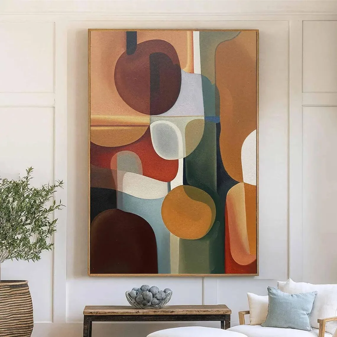 Original Abstract Oil Painting on Canvas: Earth-Toned Geometry for Contemporary Interiors